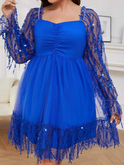  Party Dress Women's Sequin Mesh Long Sleeve Sweetheart Neck