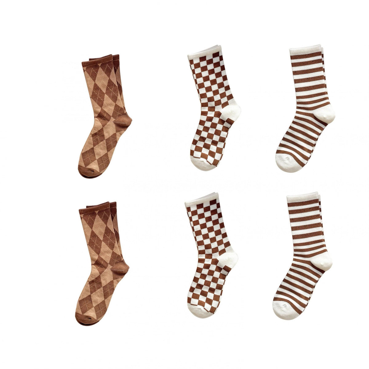6 Pairs Plaid & Striped Socks College Style Women's Stockings