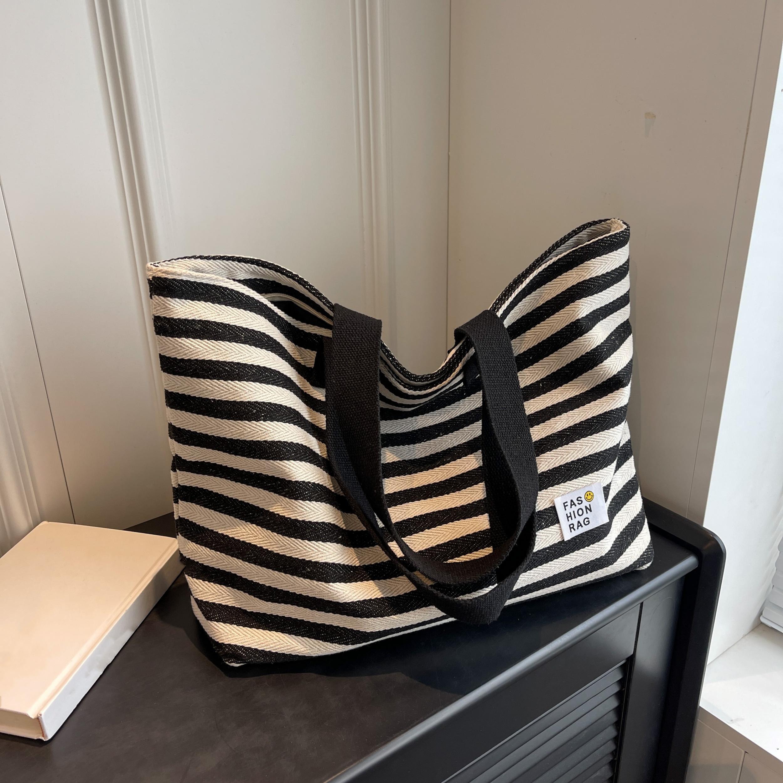 Striped Canvas Tote Bag Shoulder Handbag Travel Commuter