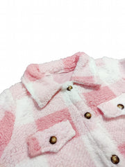  Gingham Print Button Up Long Sleeve Fleece Shacket