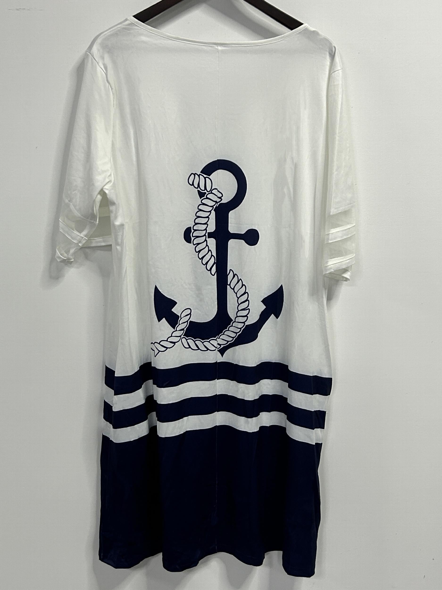  Casual Dress Colorblock Stripe & Anchor Print Mesh Sleeve Pockets