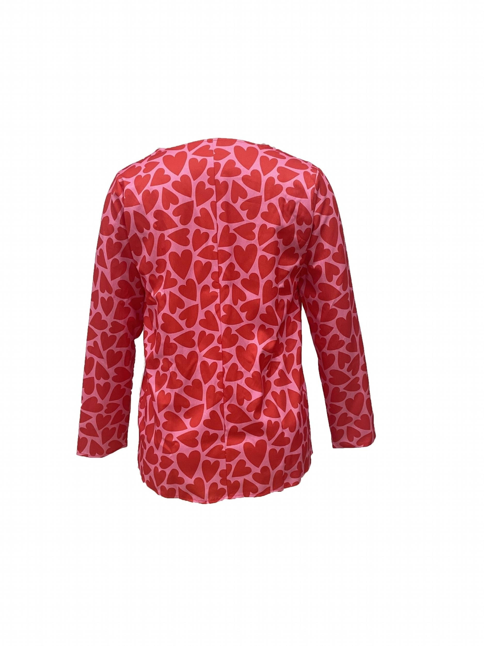  Heart Print Button Up Long Sleeve Blouse