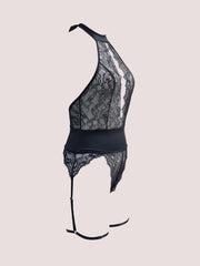 Floral Lace Plunging Teddy Halter Backless Bodysuit