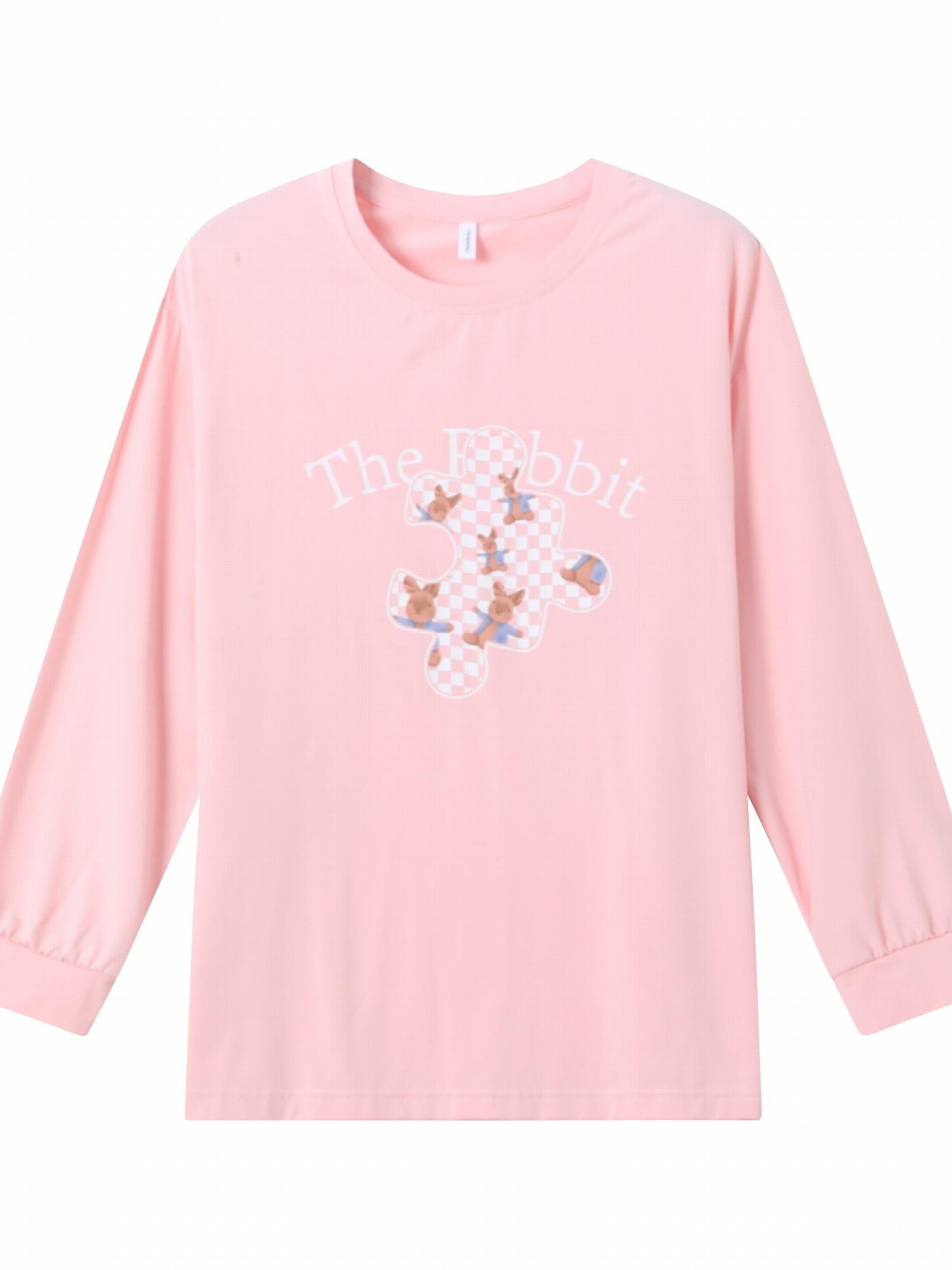 Bunny Print Pajama Set Long Sleeve Crew Neck Top & Plaid Pants