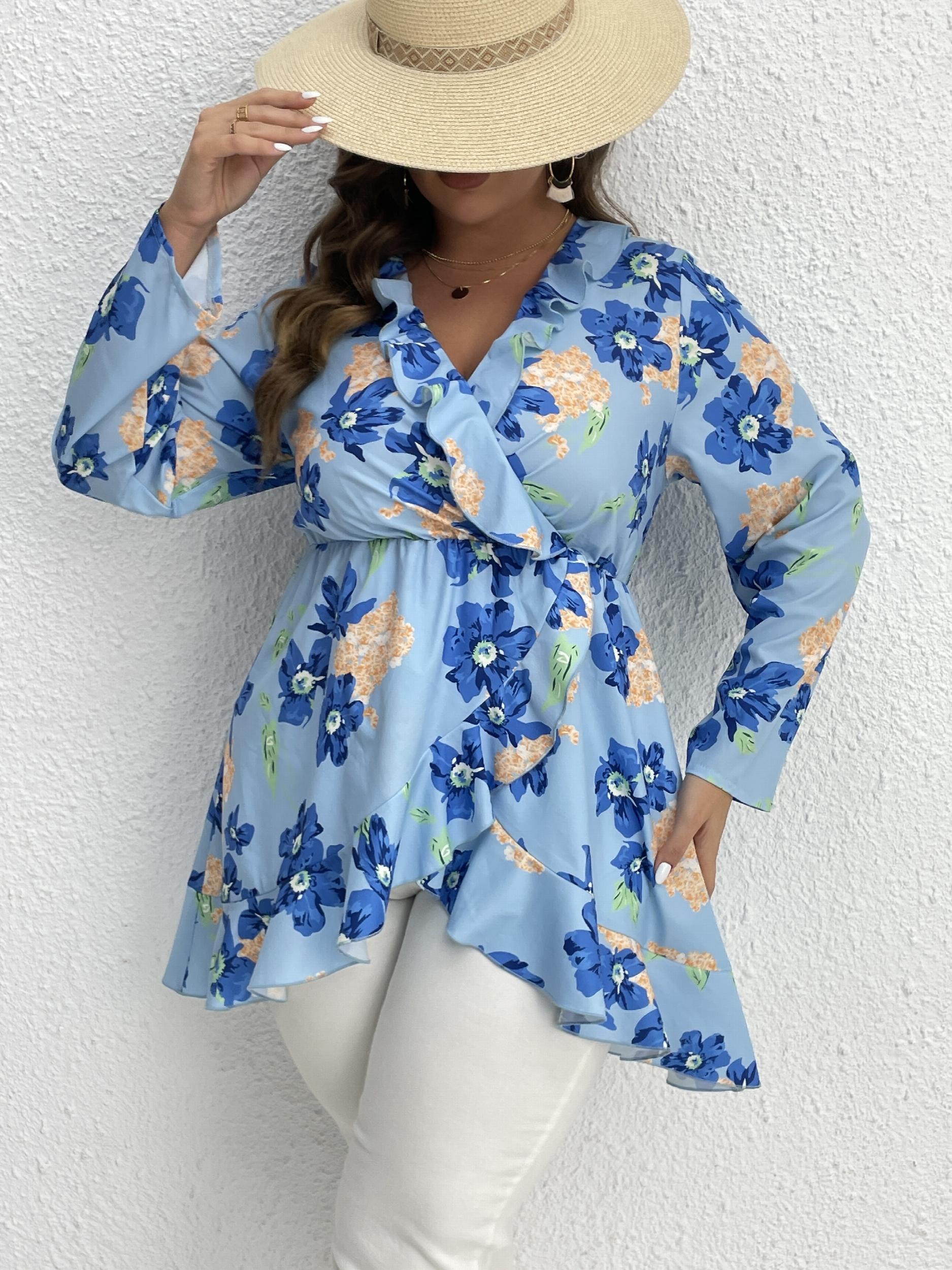  Floral Print Long Sleeve Ruffle Trim Surplice Neck Pleated Top