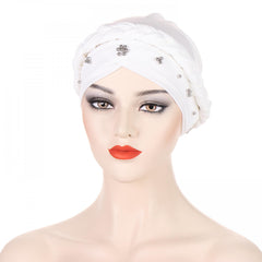 Beads Decor Braided Turban Cap Elastic Hijab Hat Lightweight Head Wraps