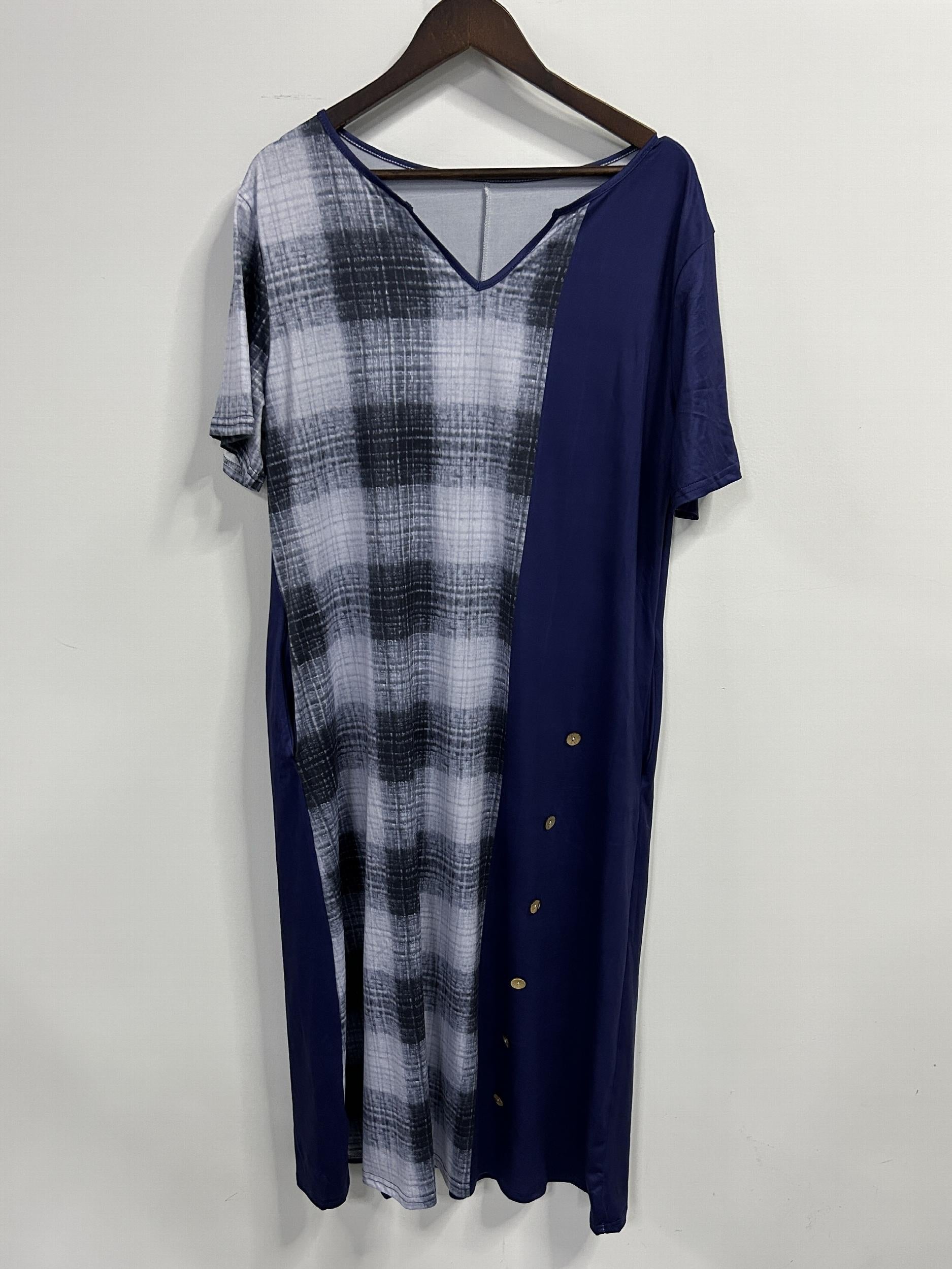  Colorblock Gingham Print Notched Neck Tee Dress