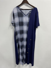  Colorblock Gingham Print Notched Neck Tee Dress