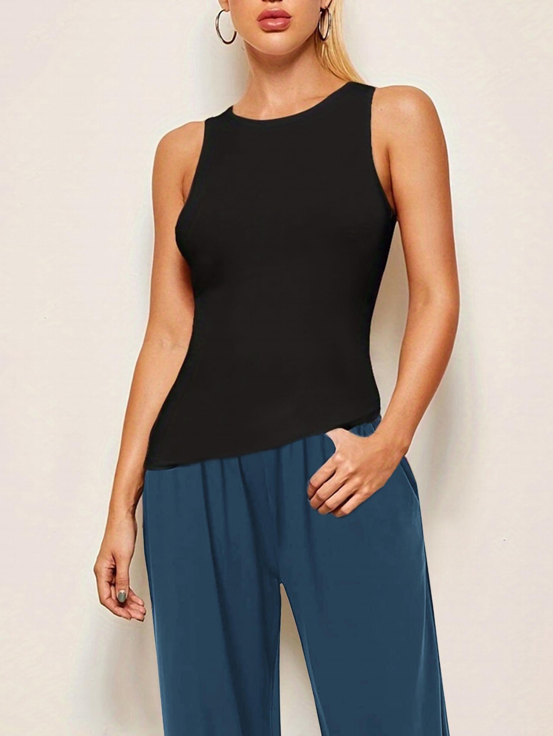 Women's Round Neck Sports Tank Top Sleeveless Fitness Vest T-shirt