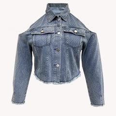  Sexy Denim Jacket - Cold Shoulder Button Up Crop Denim Jacket