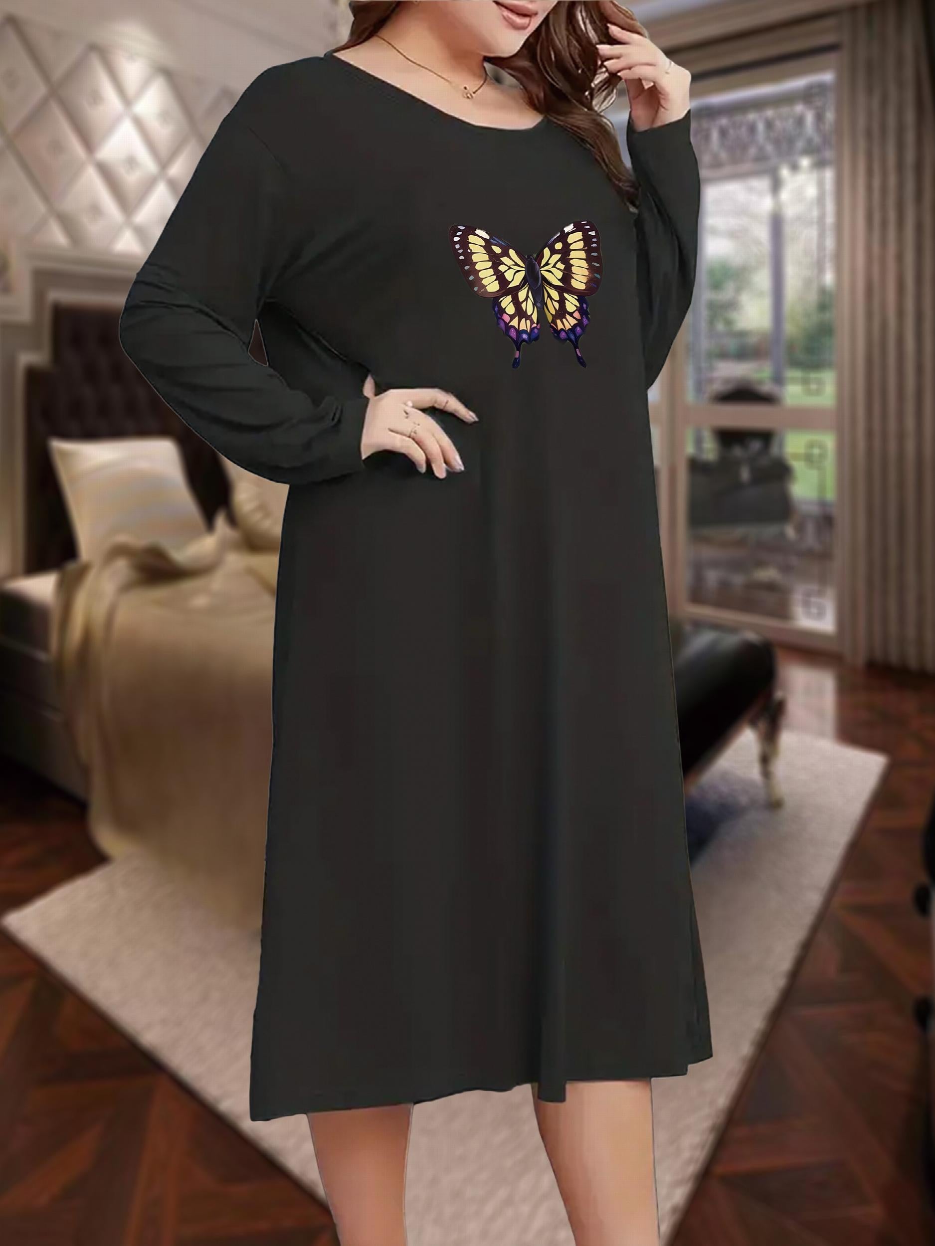  Nightdress Butterfly Print Long Sleeve Round Neck