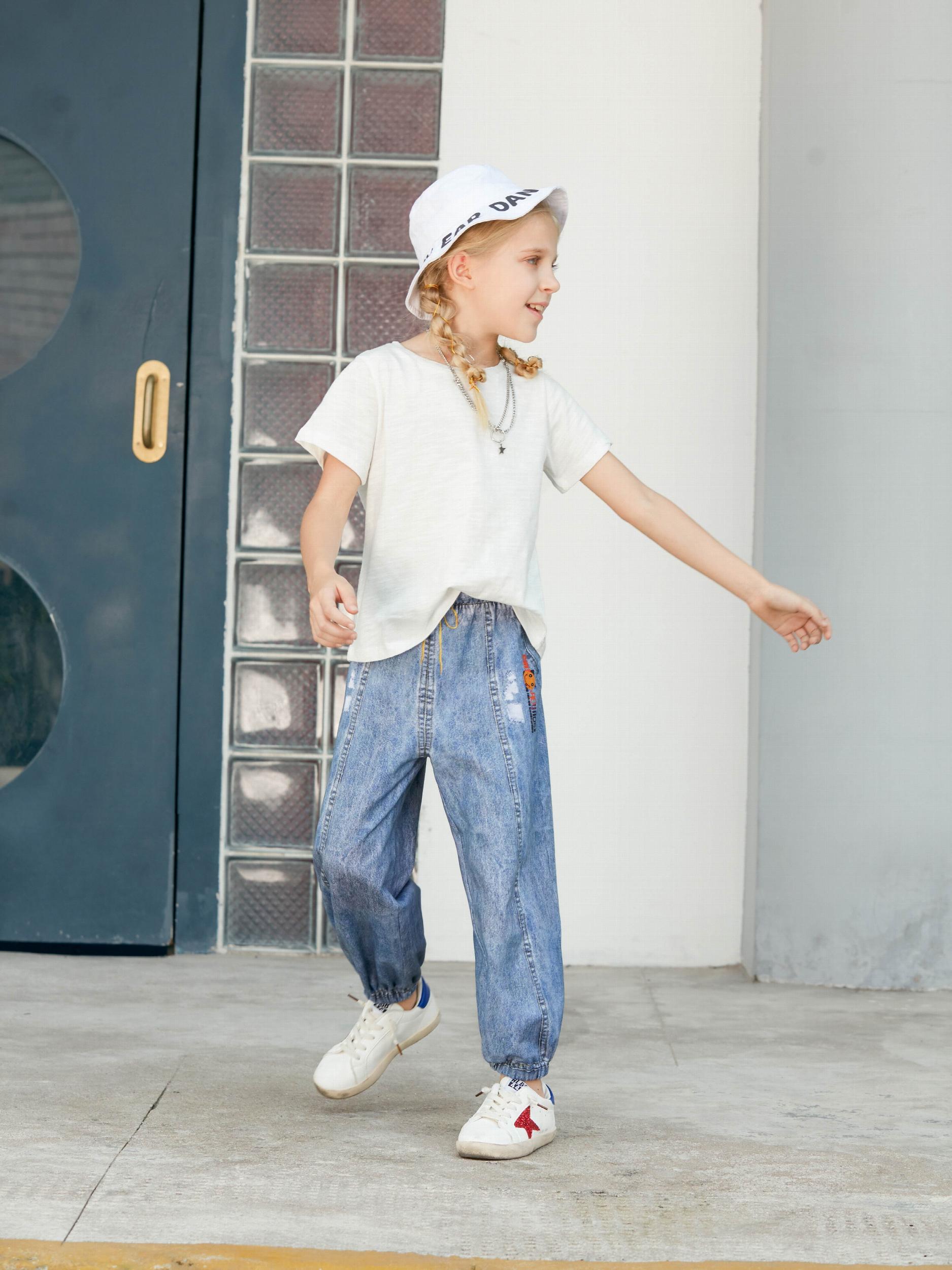 Kids Faux Denim Cotton Trousers Soft Washed Non-fading