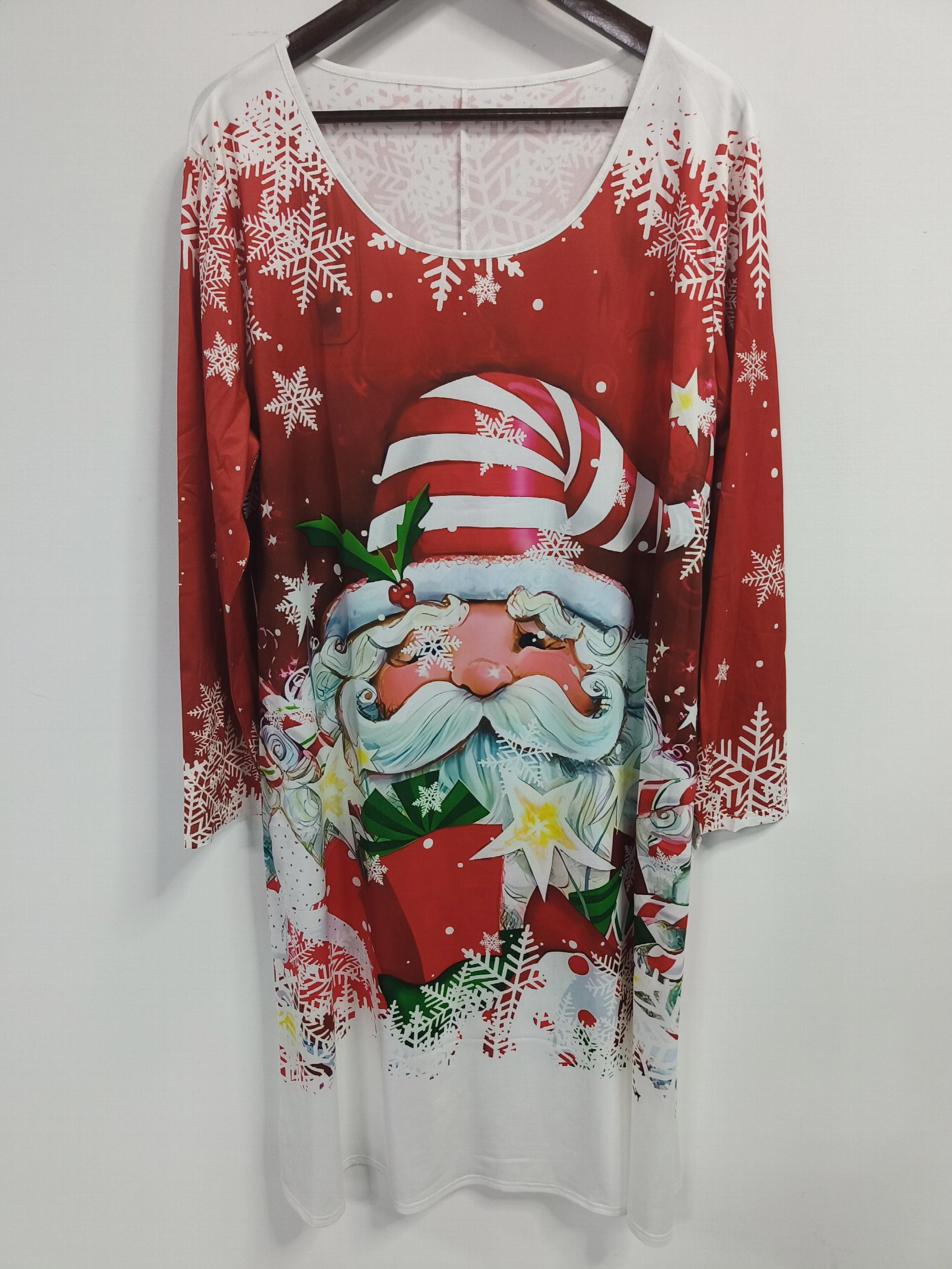 Women's Plus Santa Claus Print Long Sleeve Knee Length Dress