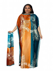  Colorblock Floral Print Kaftan Dress