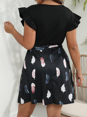 Plus Size Colorblock Feather Print Ruffle Sleeve V Neck Dress With Belt