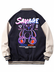 Bear Pattern Embroidery Varsity Jacket Men's Casual Button Up Jacket