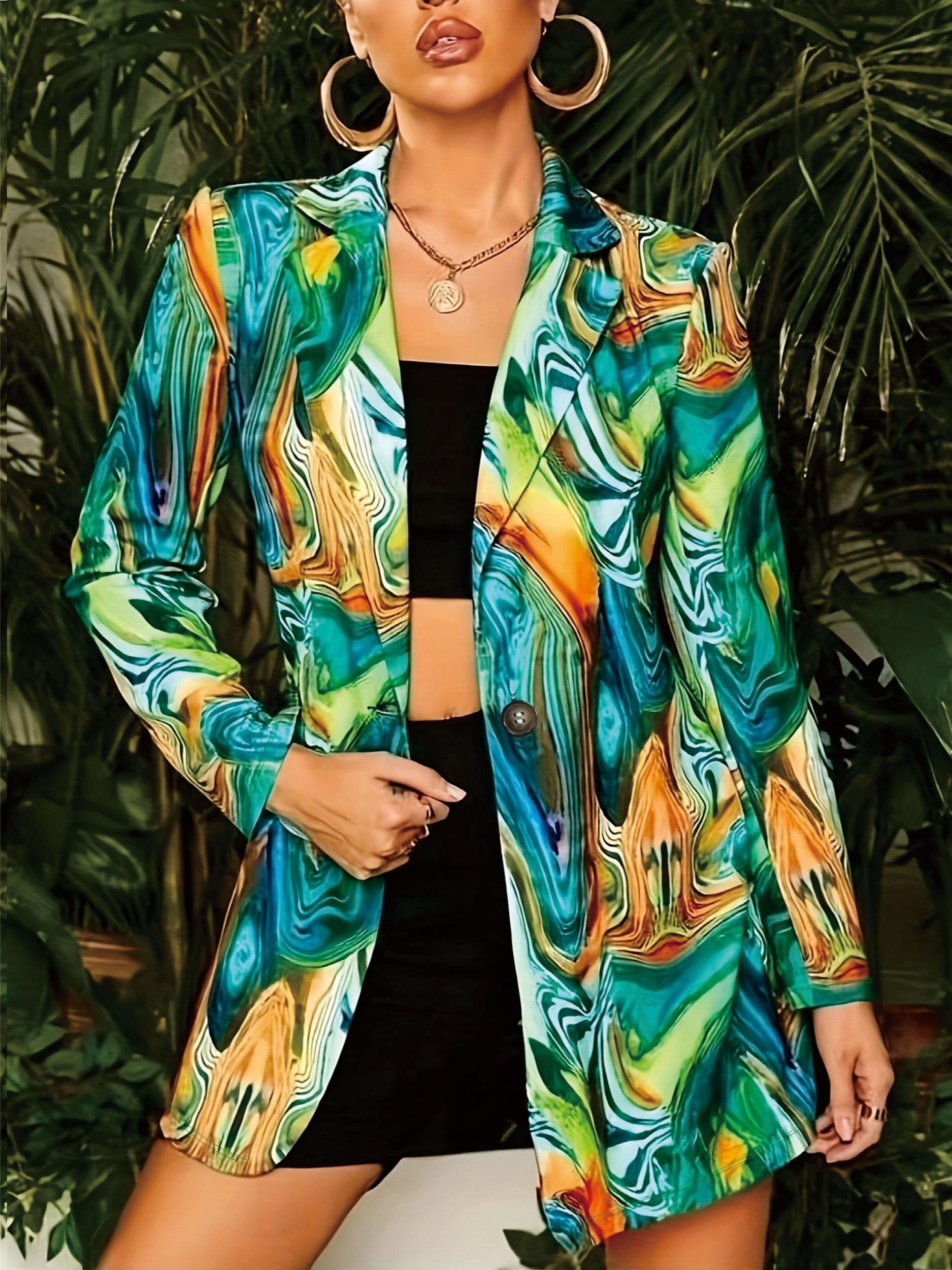  Marble Print Long Sleeve Button Blazer