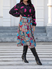 Geometric Print Knot Front Midi Skirt