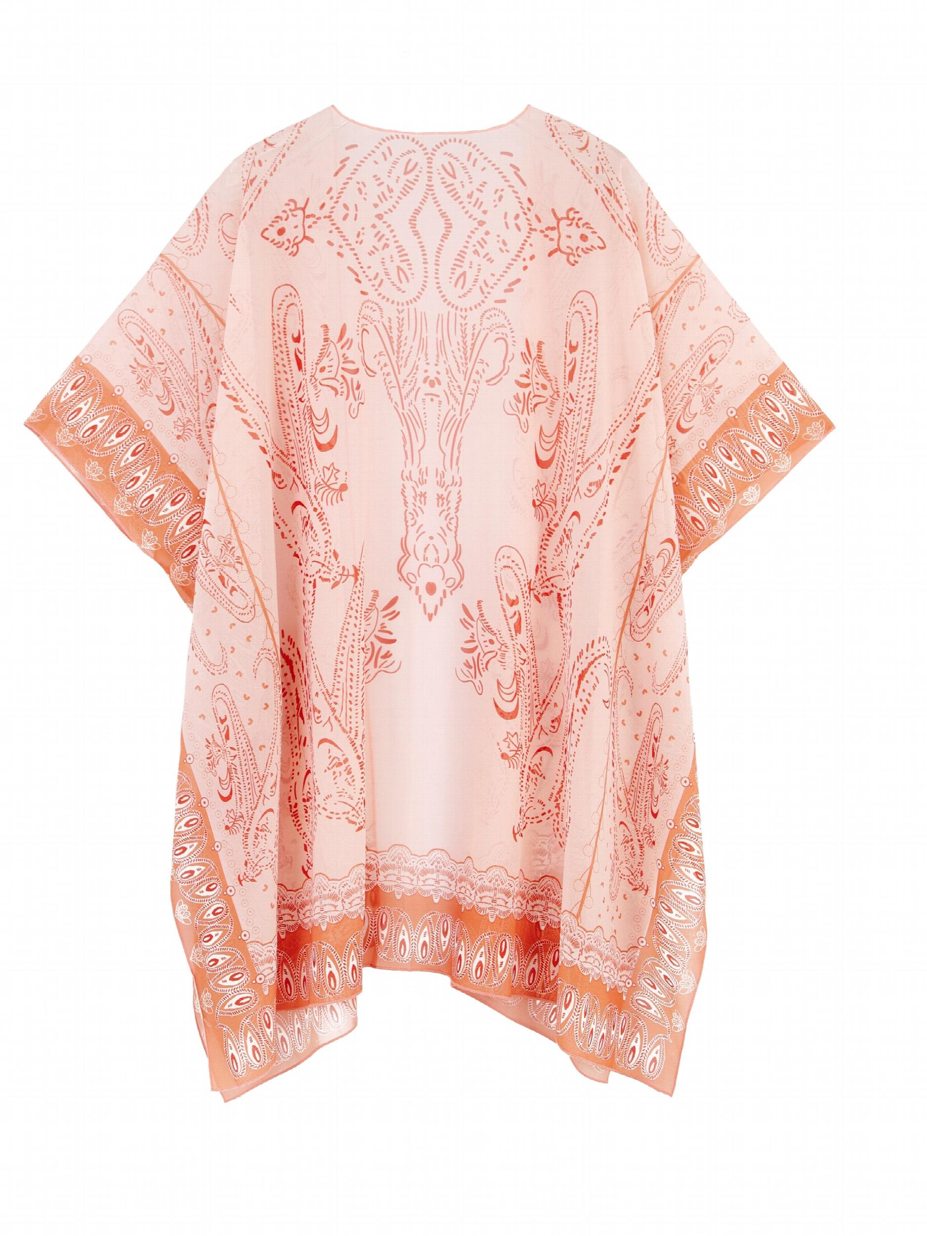  Paisley Print Batwing Sleeve Semi Sheer Beach Cover Up