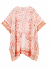  Paisley Print Batwing Sleeve Semi Sheer Beach Cover Up
