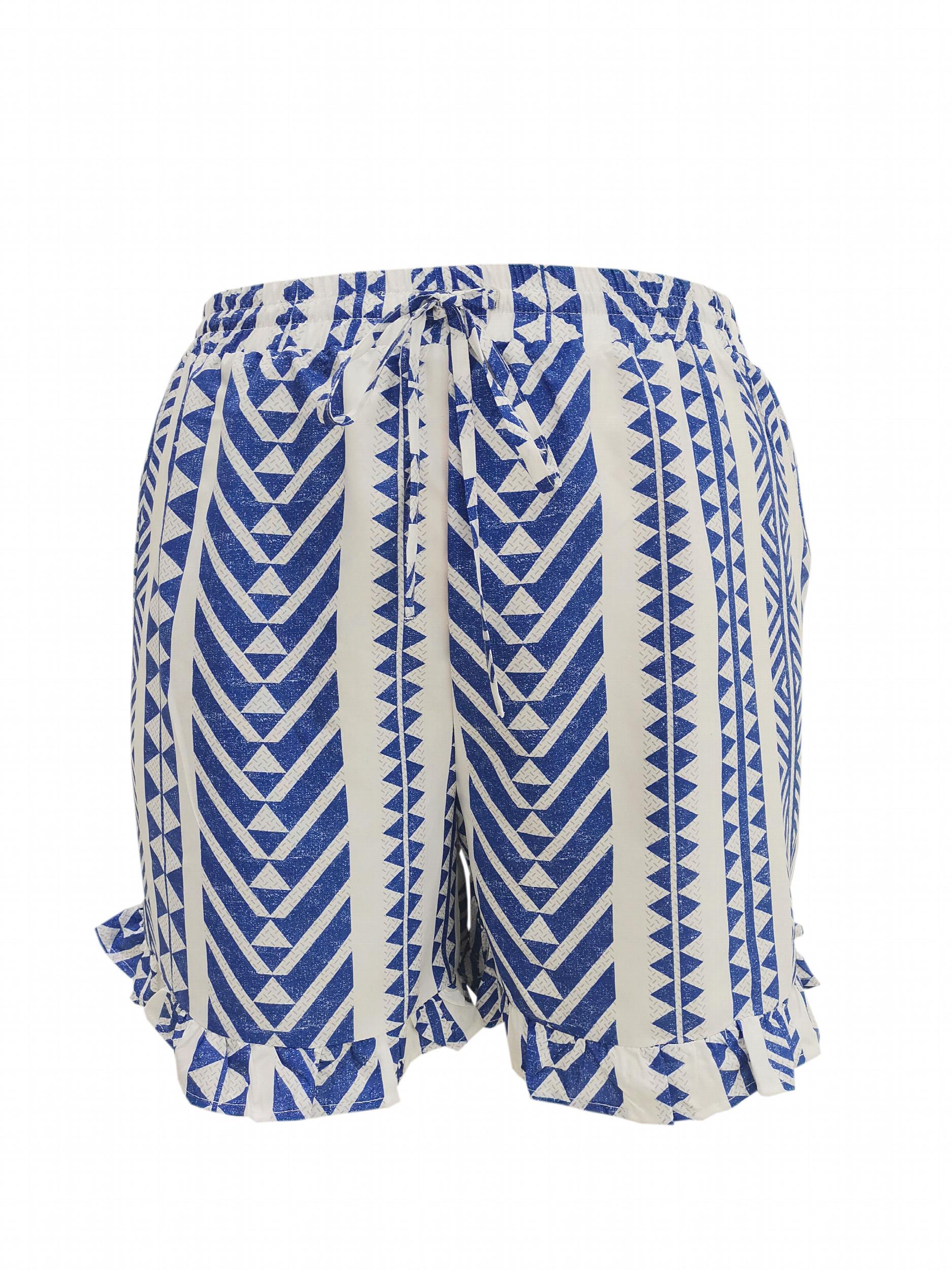  Geometric Print Ruffle Trim Wide Leg Drawstring Shorts