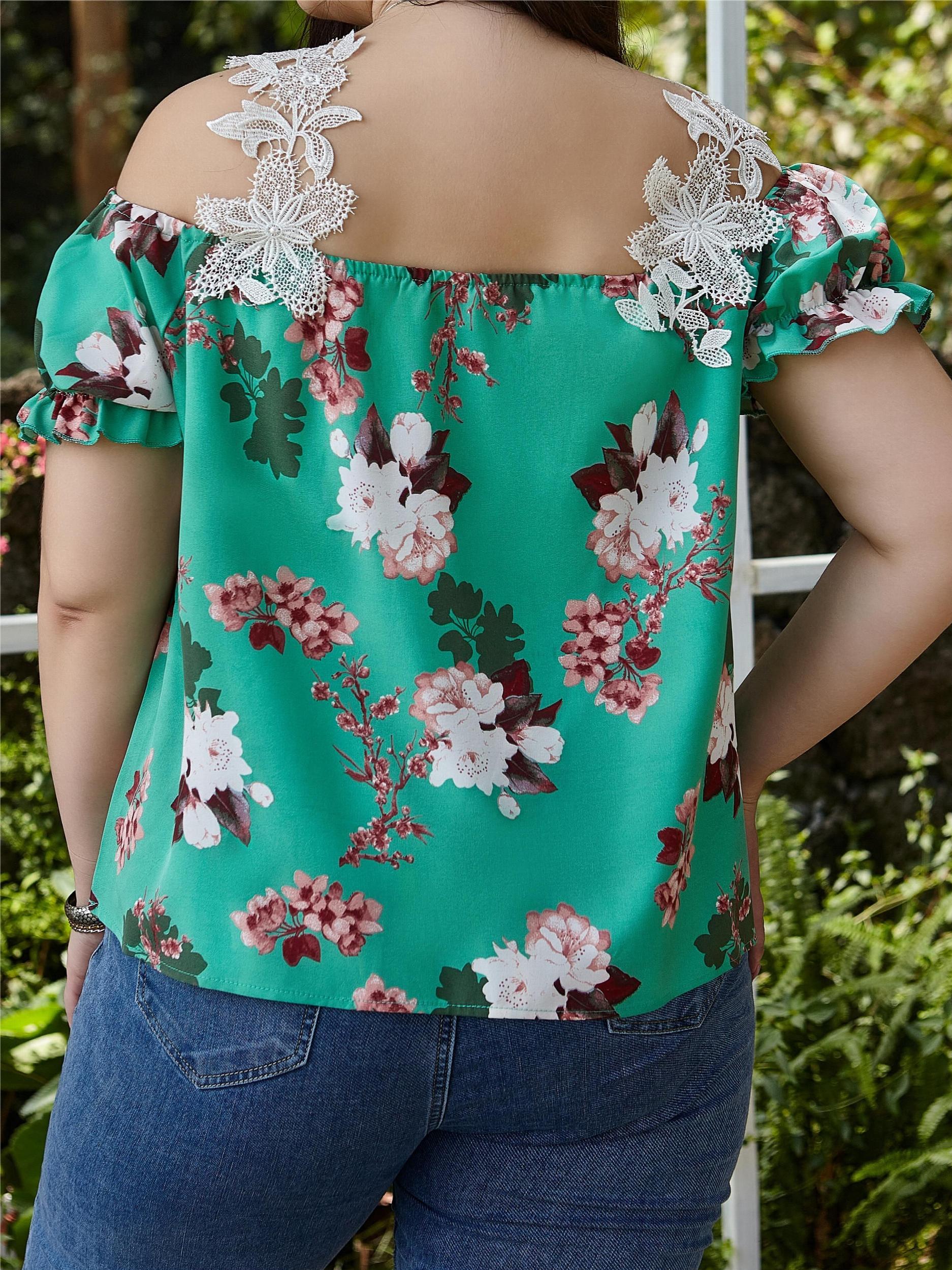  Women's Cold Shoulder Blouse Feather Print Lace Strap