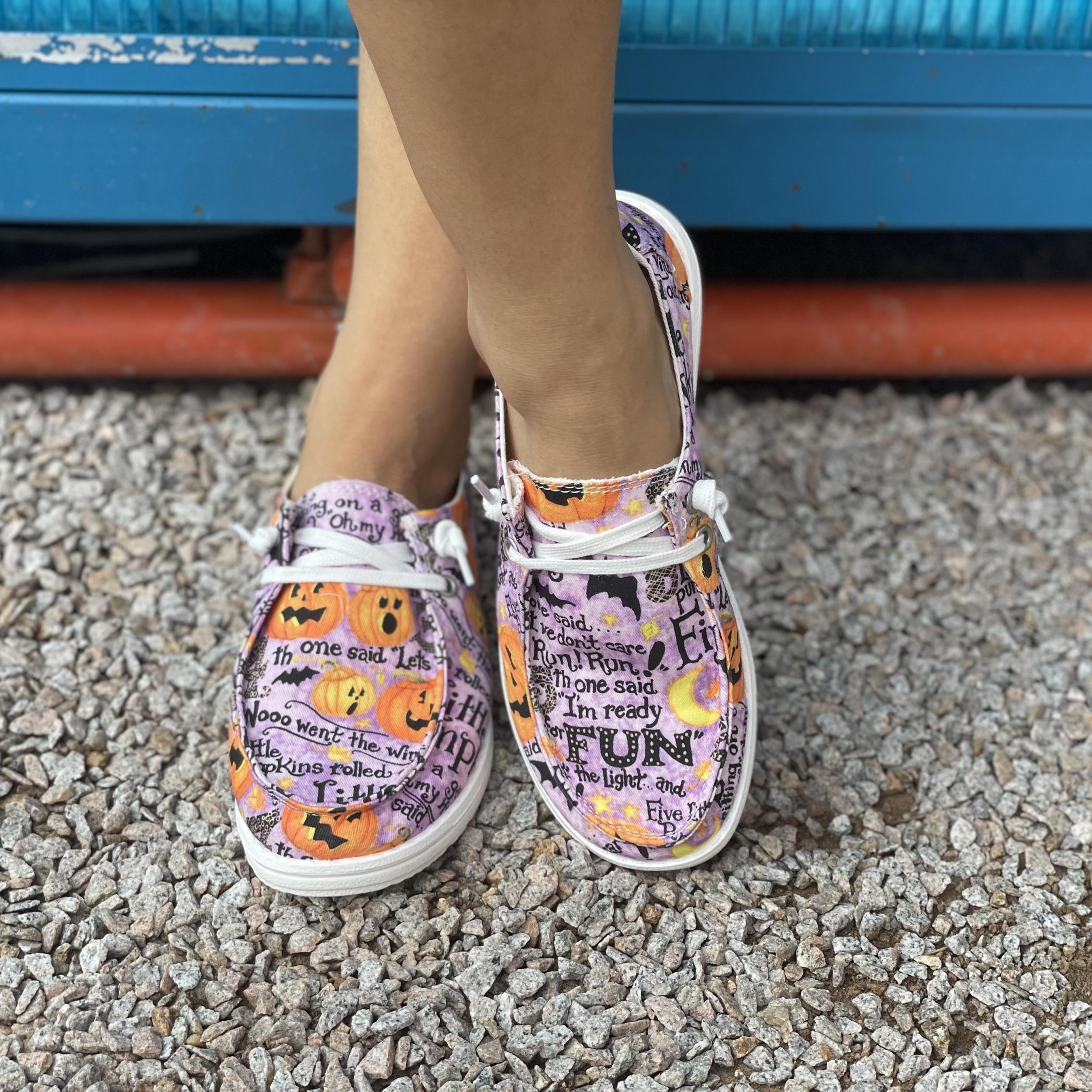 Women's Pumpkin & Letter Pattern Slip On Lightweight Flat Shoes