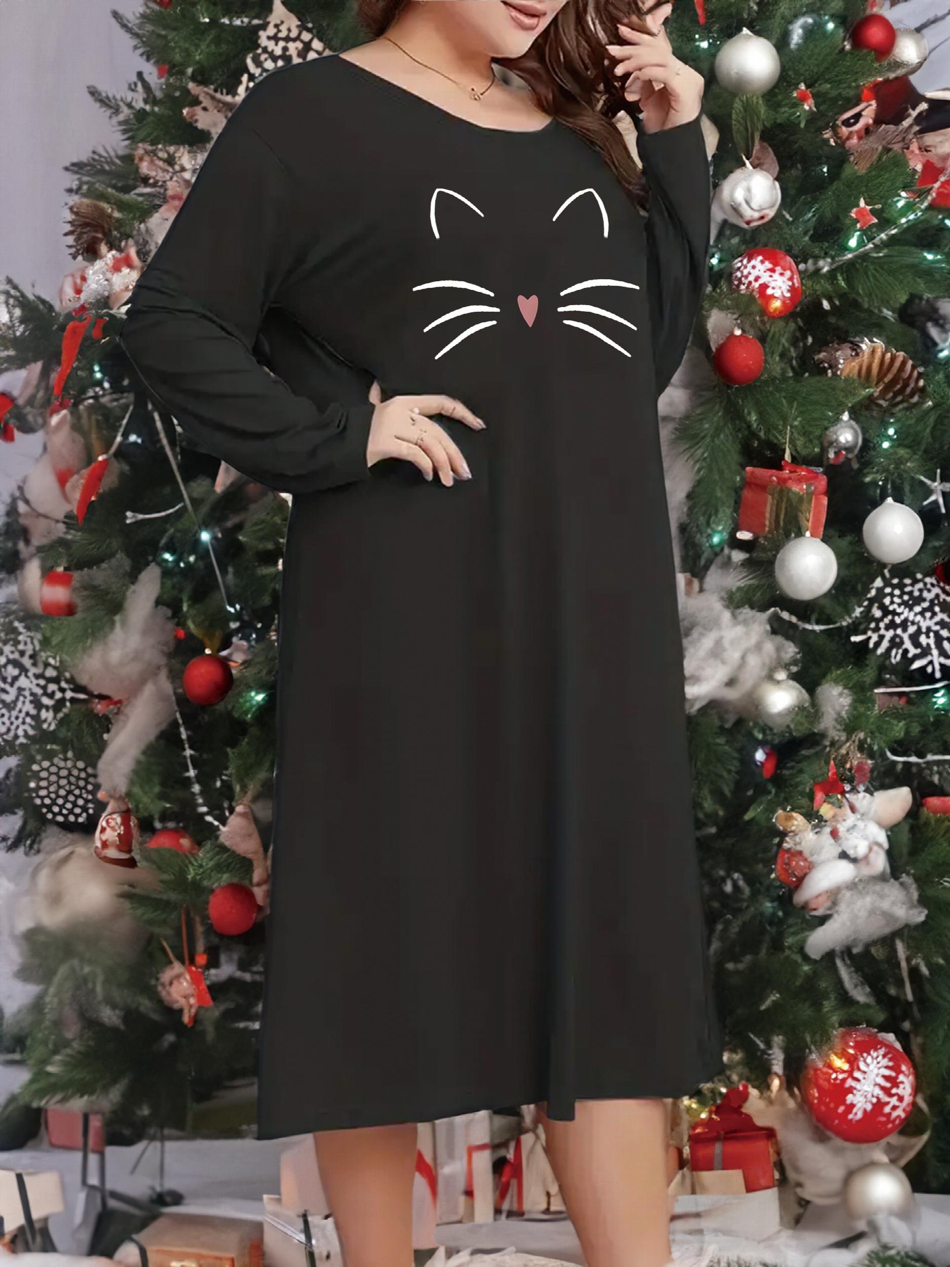  Nightdress Cat Graphic Long Sleeve Round Neck Sleep Dress