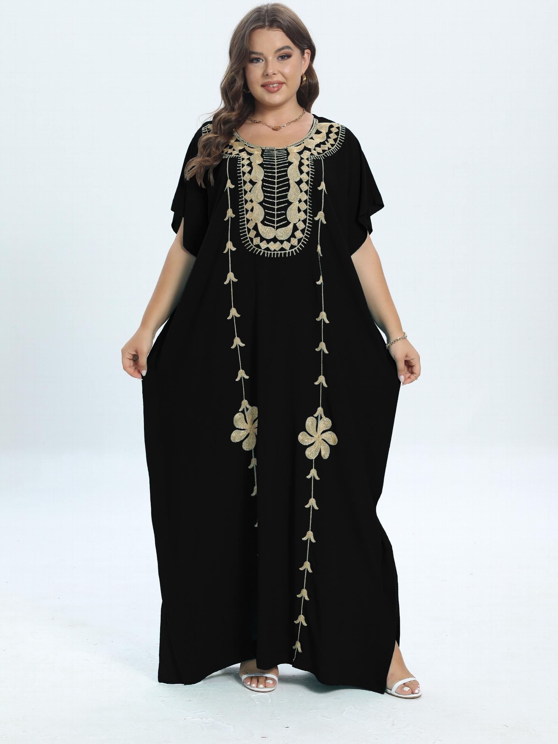  Casual Kaftan Dress Women's Plus Colorblock Floral Embroidery Maxi Dre