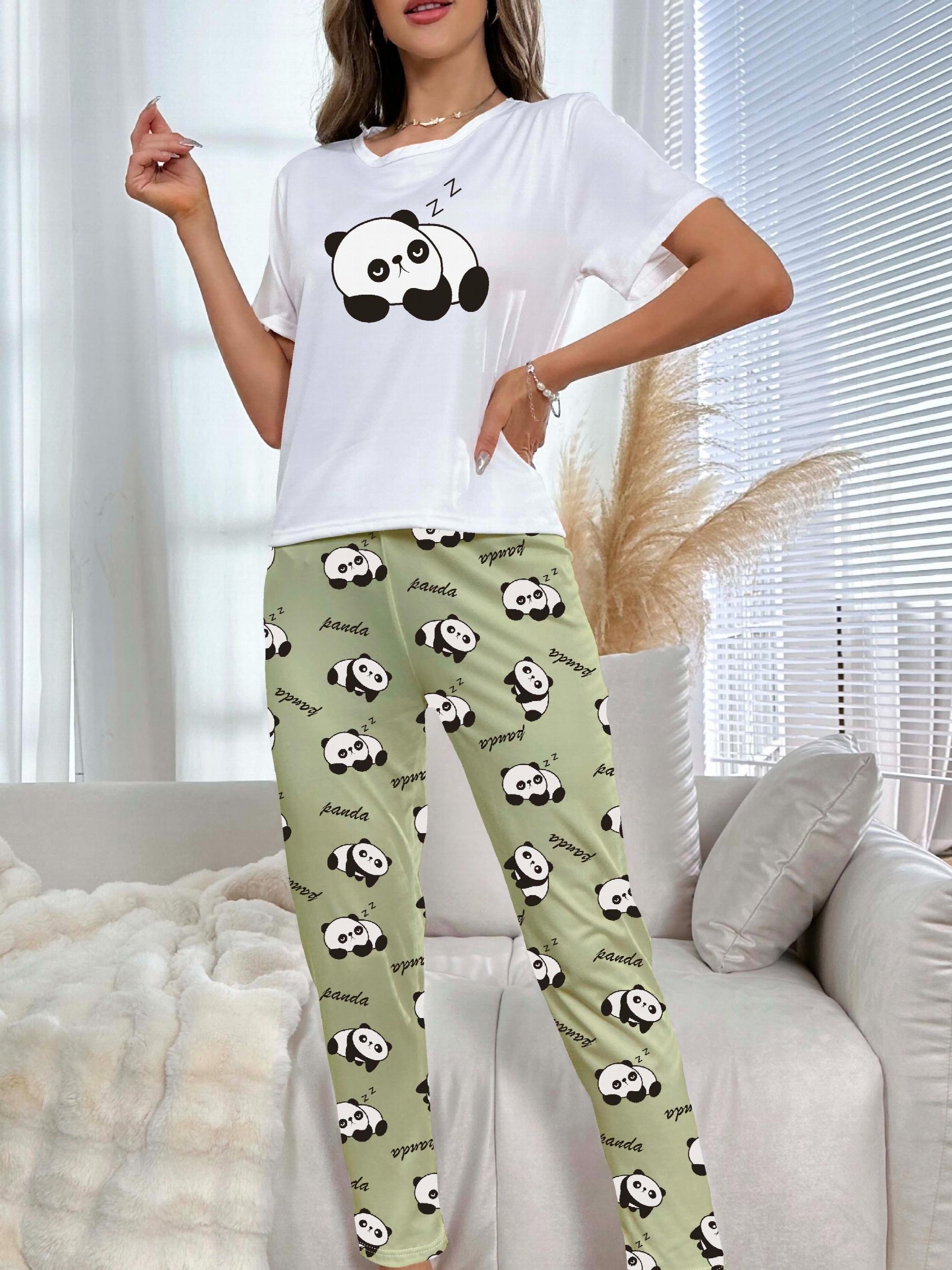 Cartoon Print Pajama Set & Crew Neck Top & Lounge Pants Women's Sleepwear