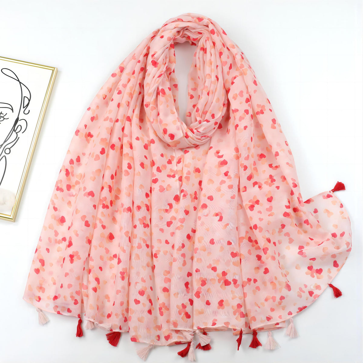 Pink Heart Print Tassel Scarf Shawl Head Wrap Sunscreen Travel Beach Towel