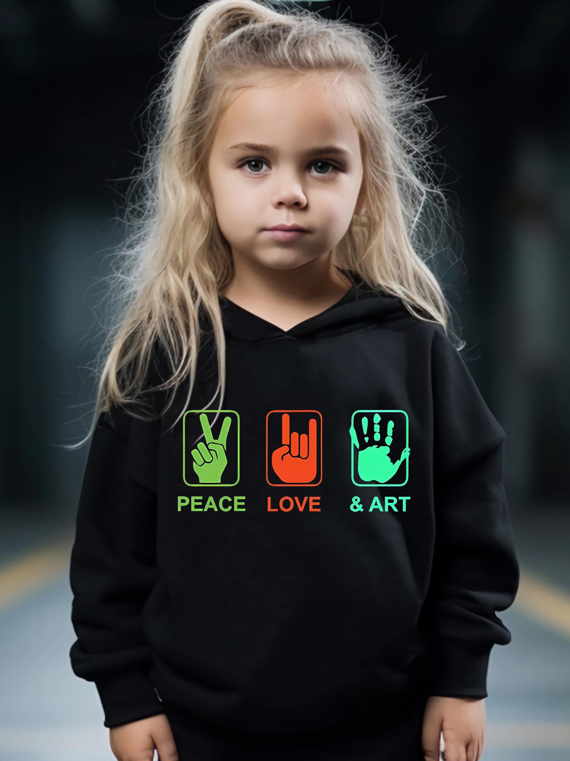 2pcs PEACE LOVE & ART Graphic Hoodies Pants Set Girls