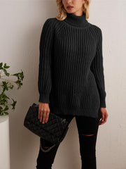 Oversized Turtleneck Sweater with Side Slit - Women's Clothing