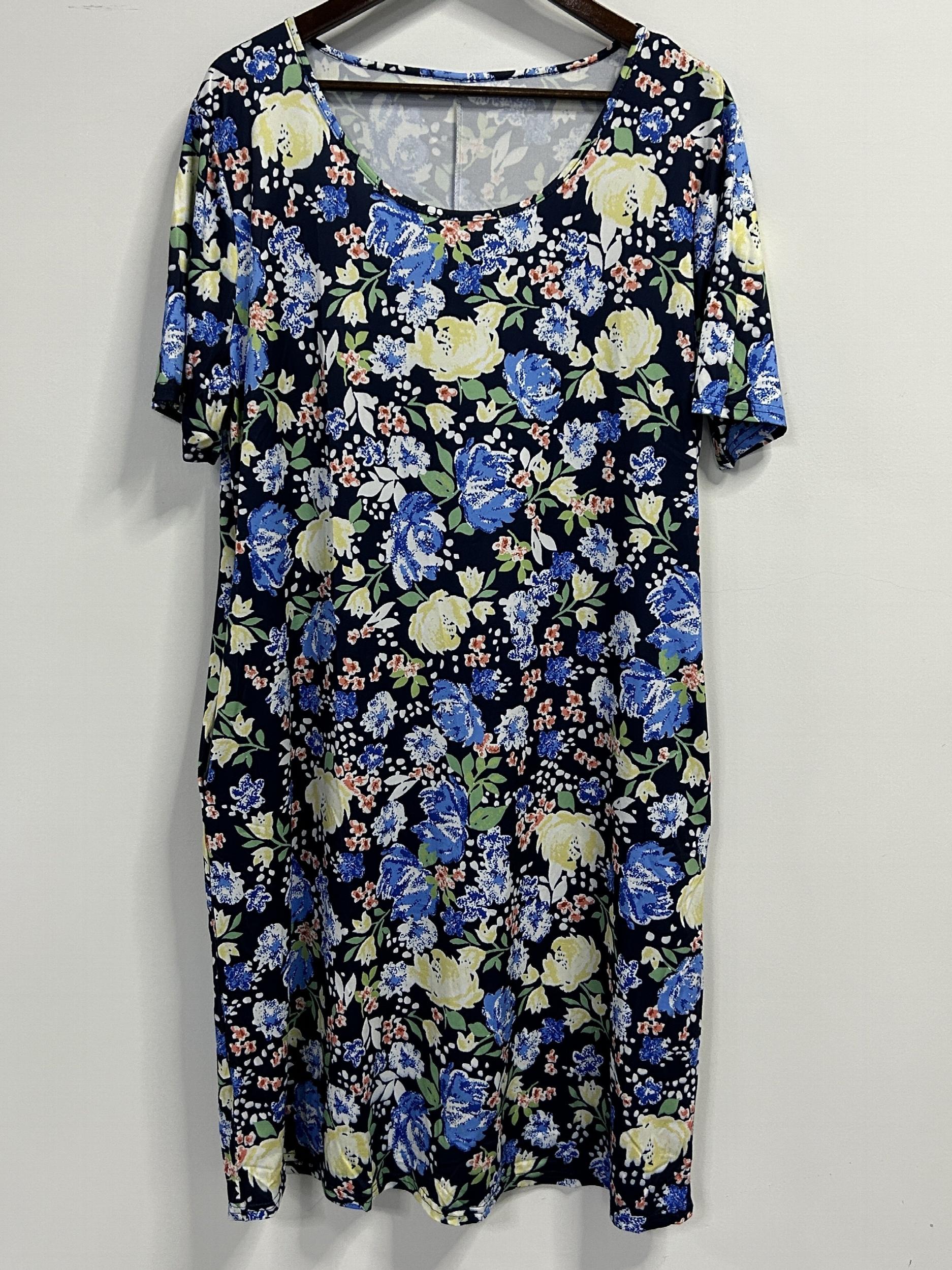  Floral Print Short Sleeve Round Neck Dress With Pockets