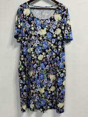  Floral Print Short Sleeve Round Neck Dress With Pockets