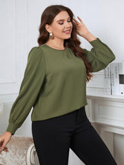  Casual Blouse Solid Puff Sleeve Keyhole Round Neck Top