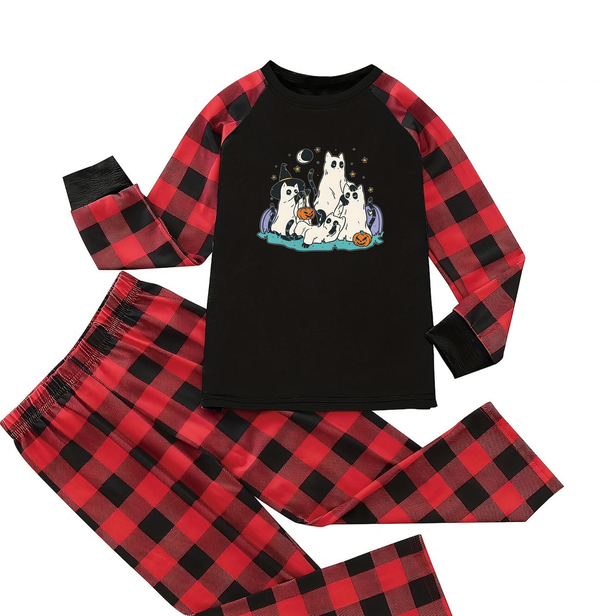 Plus Size Cat Ghost Pajama Set Women's Tee & Pants Lounge Two Piece Set