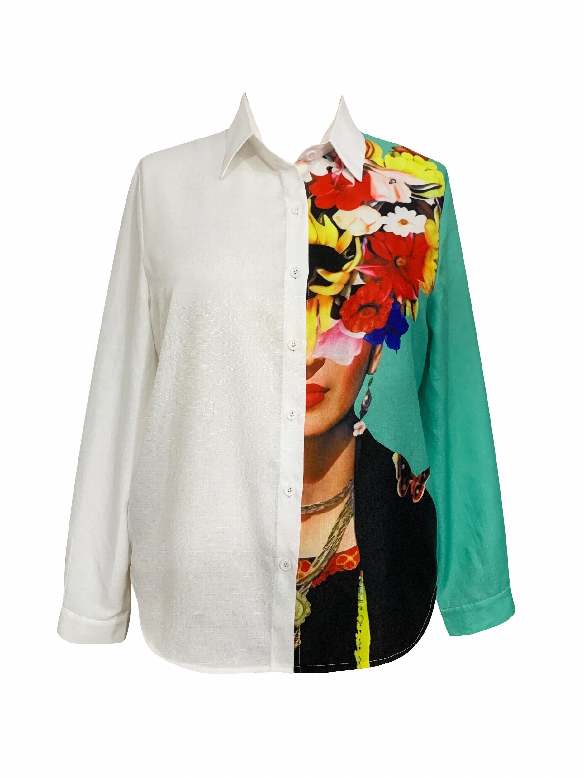  Colorblock Print Button Up Long Sleeve Blouse