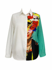  Colorblock Print Button Up Long Sleeve Blouse