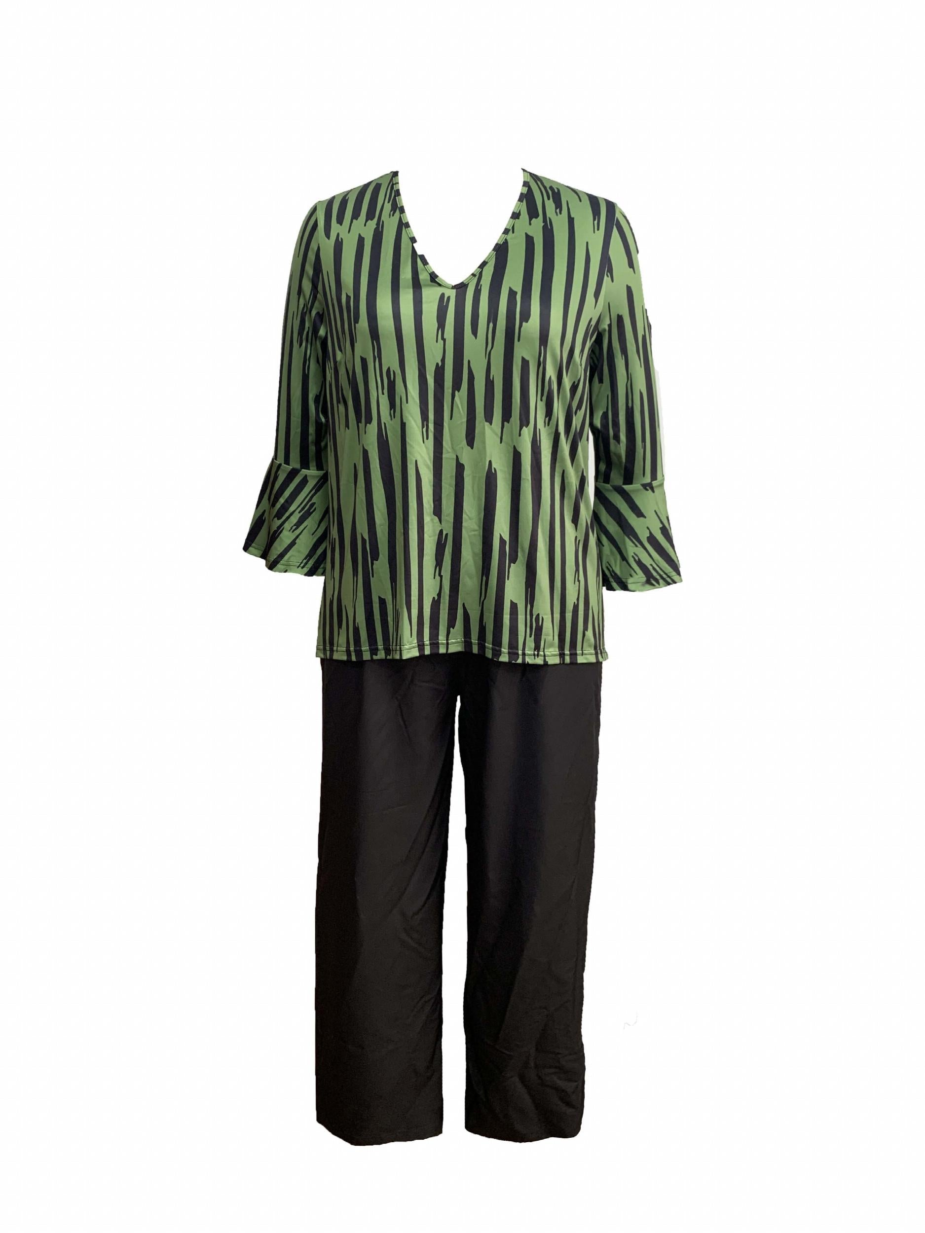 Women's Plus Striped Print Bell Sleeve Top & Wide Leg Pants Outfit Set