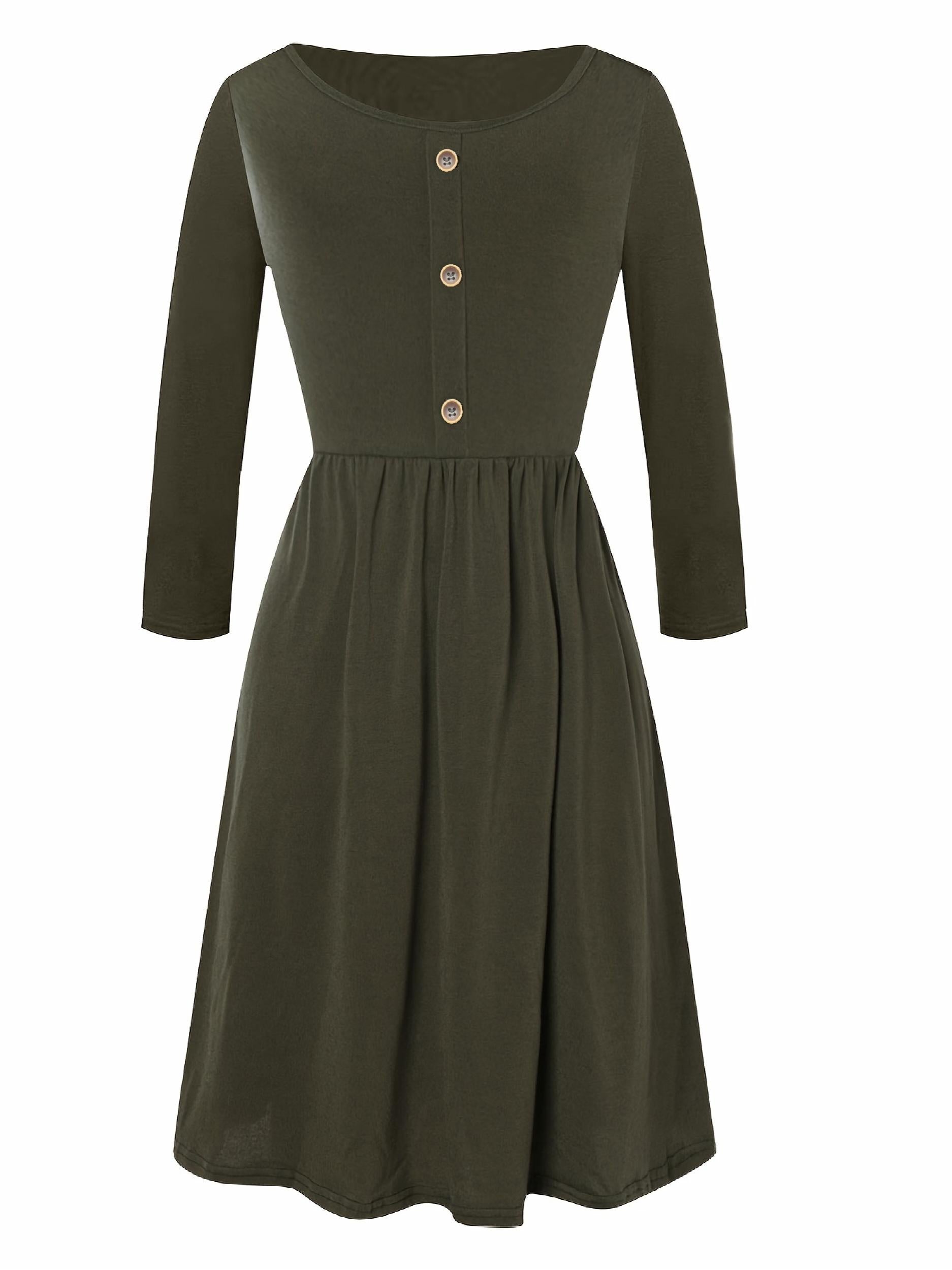 Button Decor Long Sleeve Dress Plus Size Medium Stretch Casual Dress