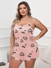  Pajama Set - Eyelash & Heart Print Cami Top & Shorts