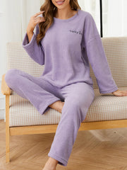Letter Embroidery Pajama Set Long Sleeve Crew Neck Top & Pants