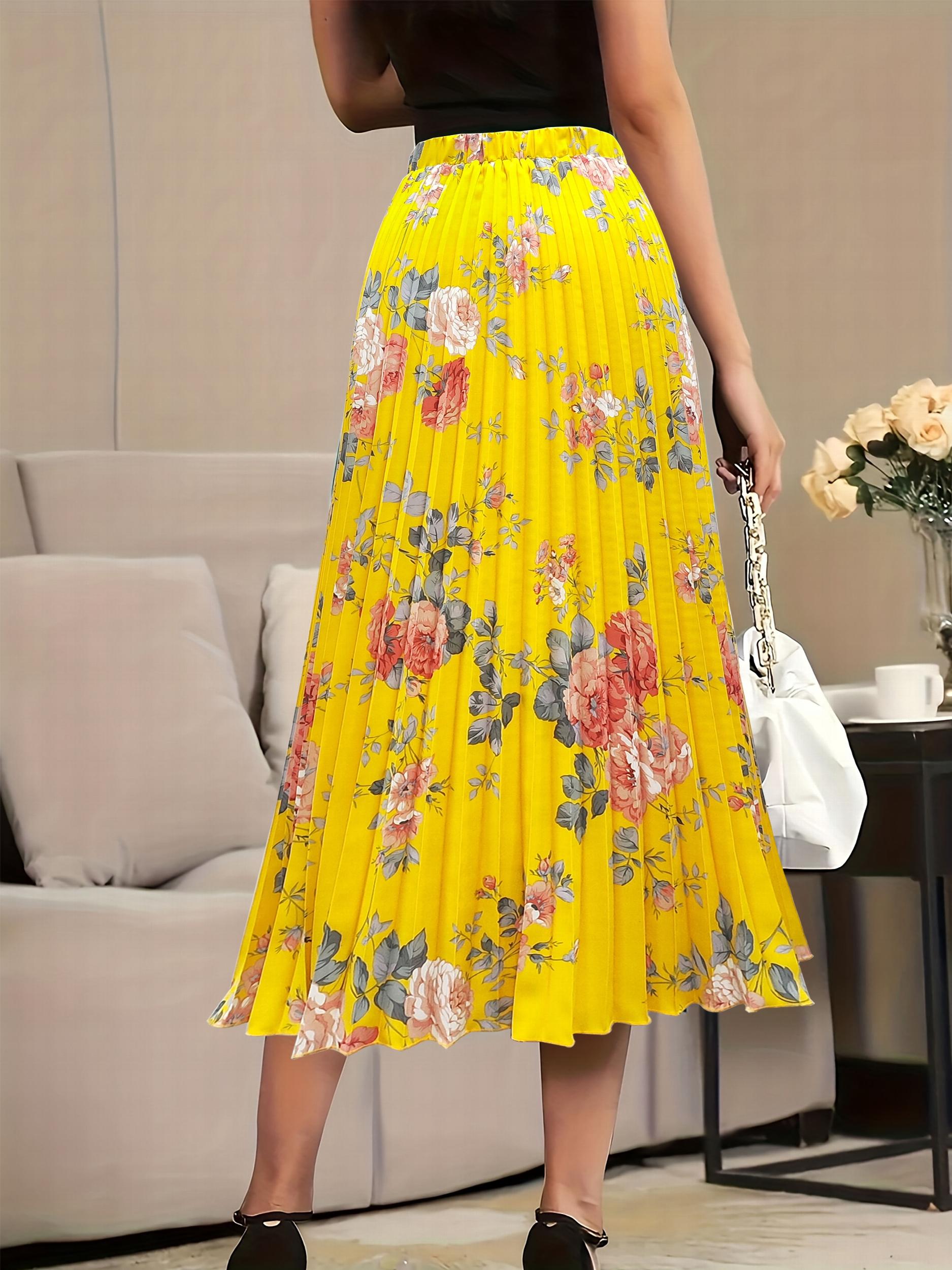  Floral Print Elastic High Rise Pleated Maxi Skirt