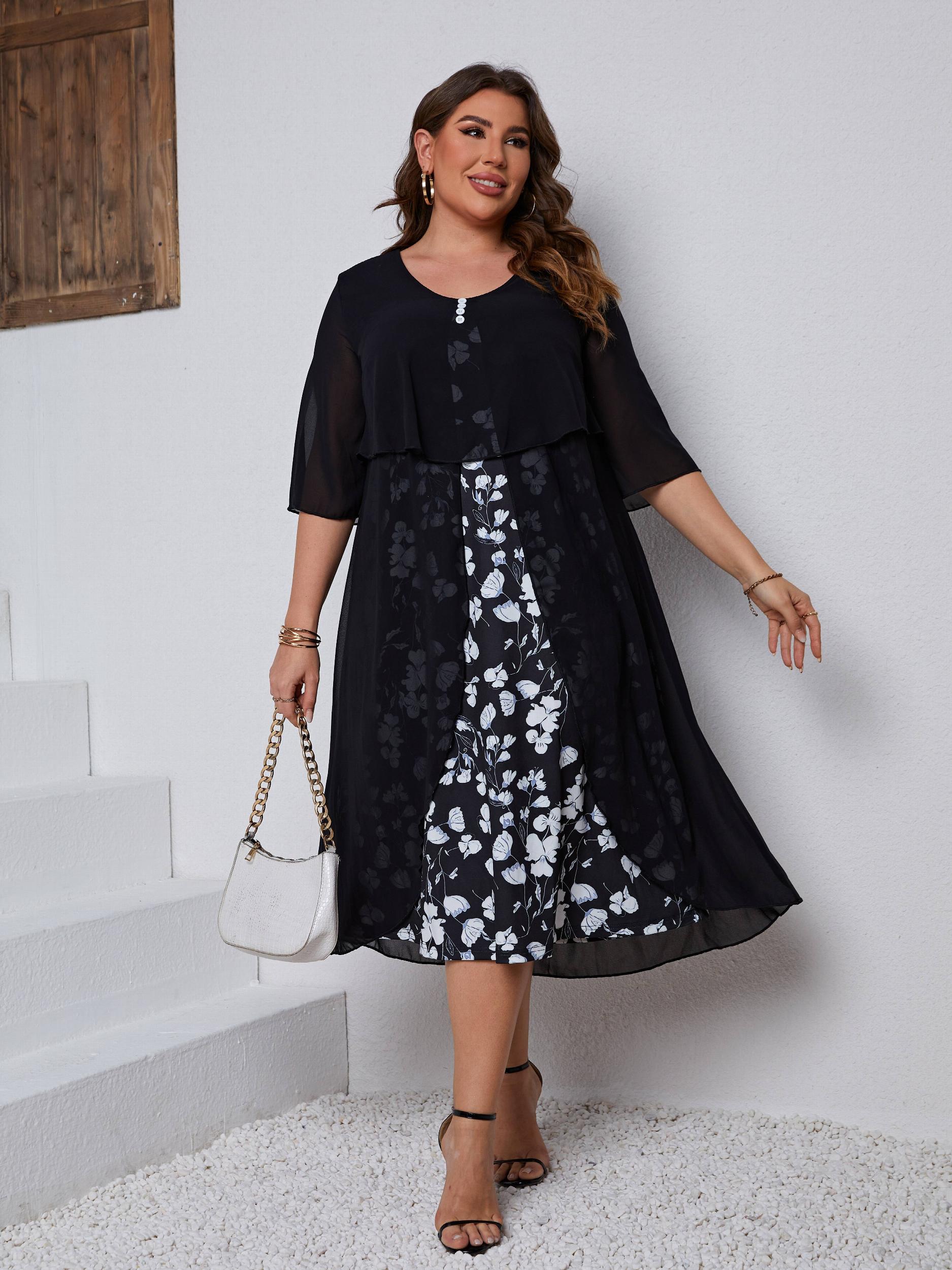  Women's Floral Print Layered Sleeve Dress