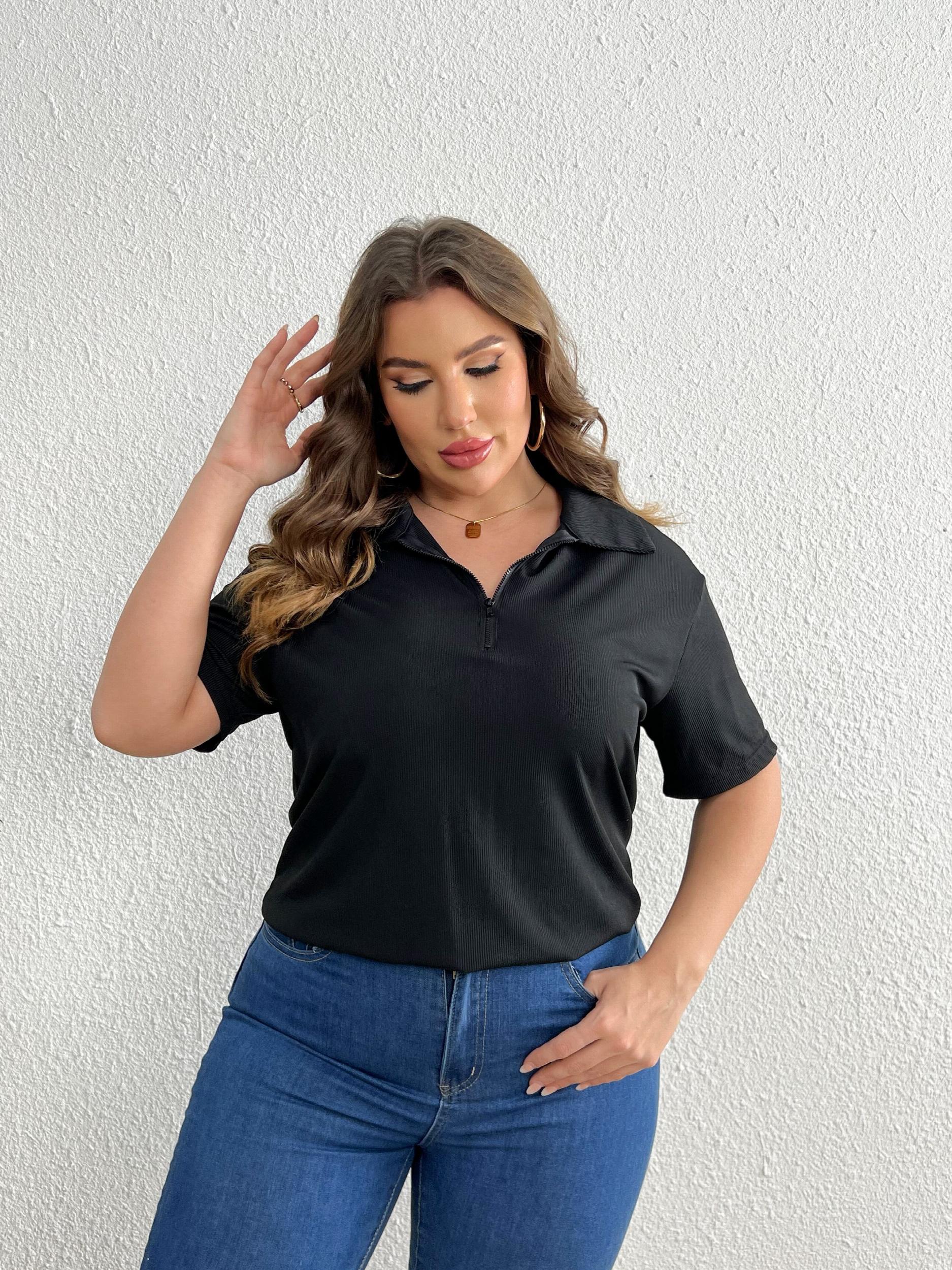  Solid Ribbed Half Zipper Short Sleeve Blouse