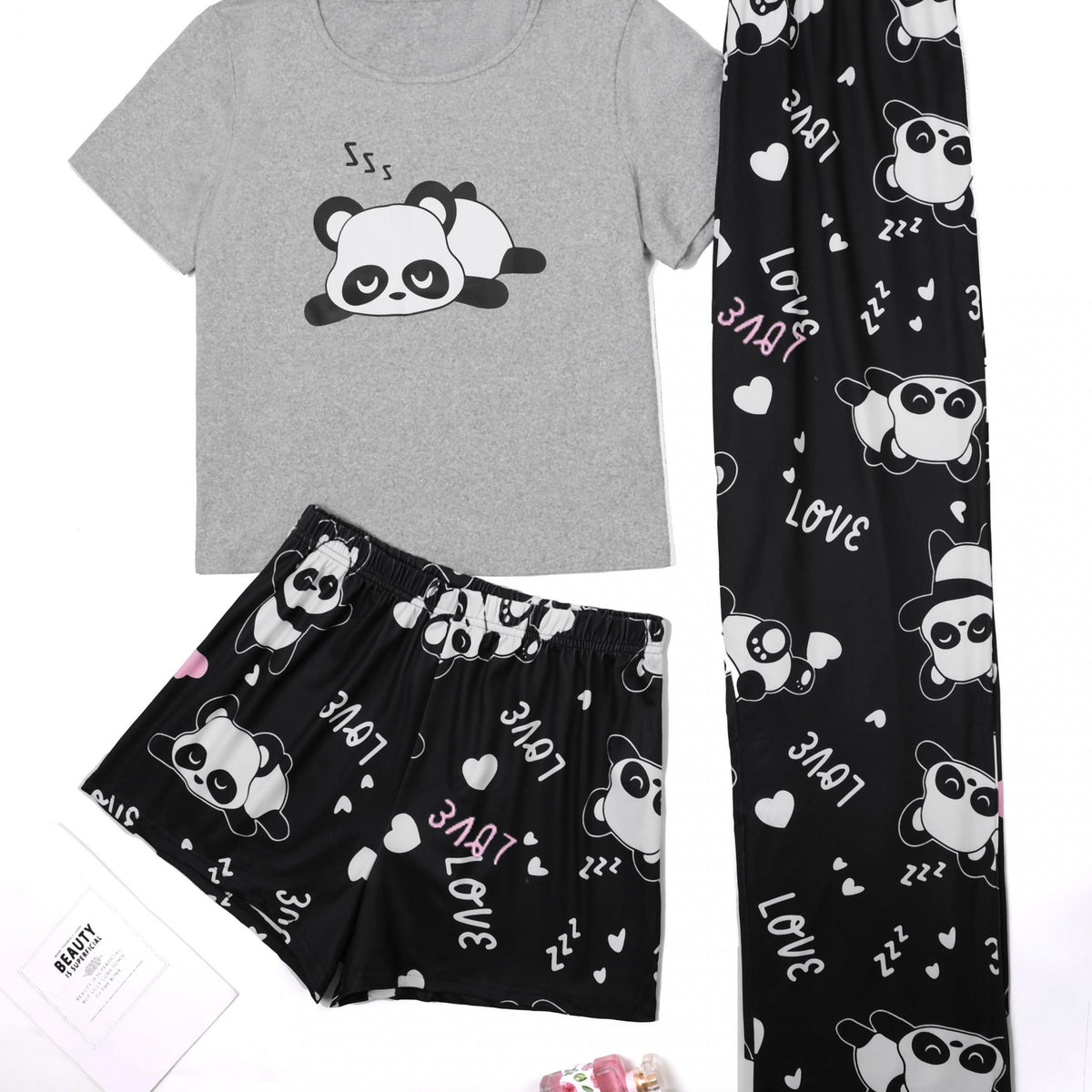 Panda Print Lounge Set Short Sleeve Crew Neck Top & Shorts & Pants
