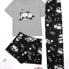 Panda Print Lounge Set Short Sleeve Crew Neck Top & Shorts & Pants