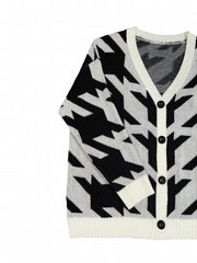  Houndstooth Print Button Up Cardigan