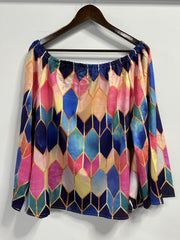  Colorblock Geometric Printed Off Shoulder Tee & Shorts Set